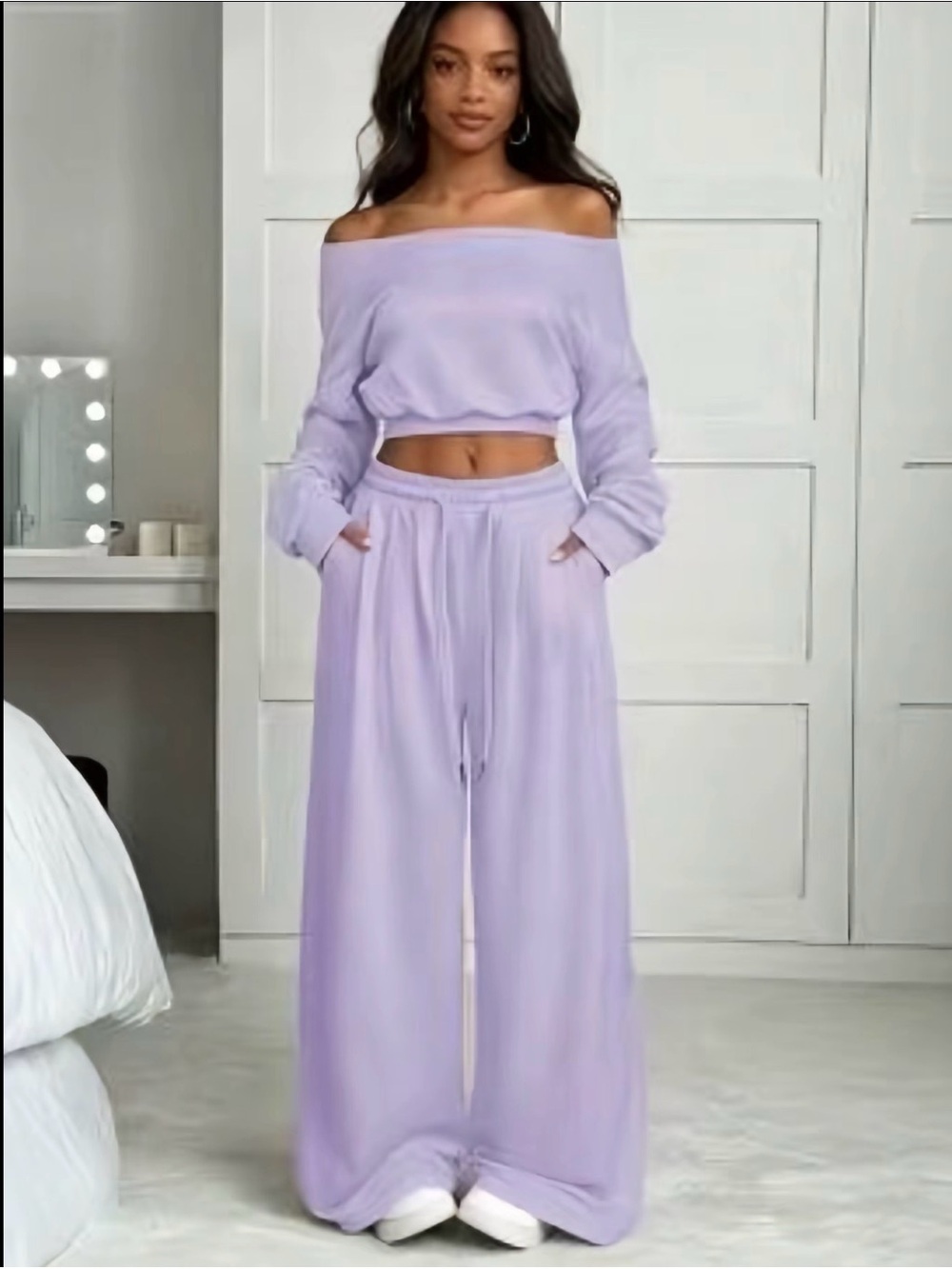 Lavender Wide Leg Lounge Pants Set - Off-Shoulder Top & Drawstring Trousers